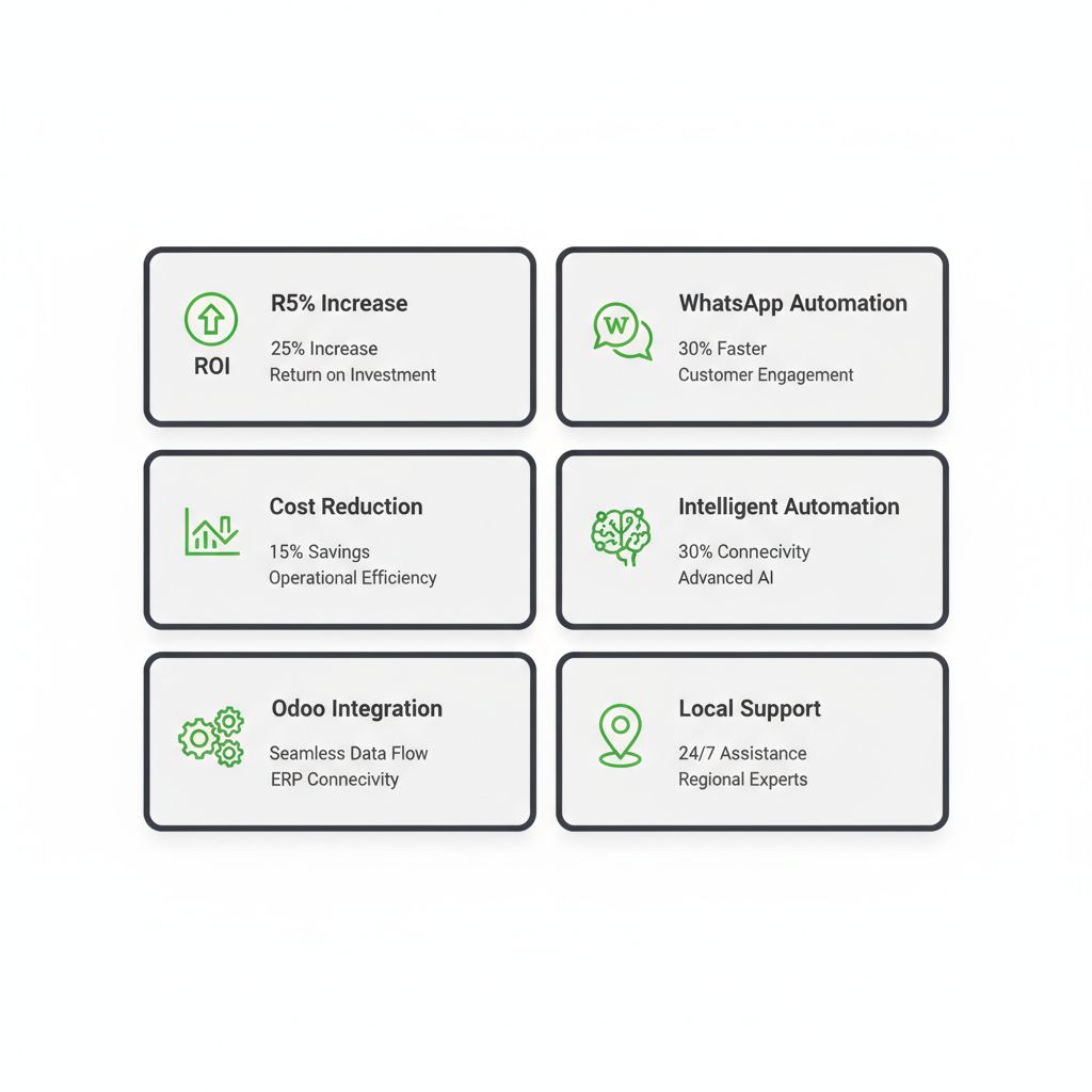 Icon set visualizing operational benefits like ROI, cost reduction, WhatsApp automation, Odoo integration, SuperAPI AI, and local support for Morna Tech's solutions.
