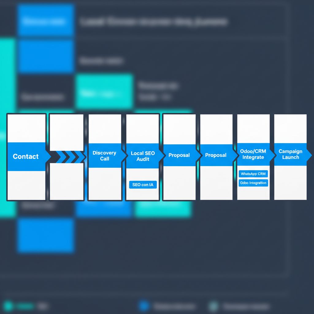 Horizontal process flow depicting Morna Tech's client onboarding journey from initial contact to campaign launch for businesses in Caracas, Venezuela.