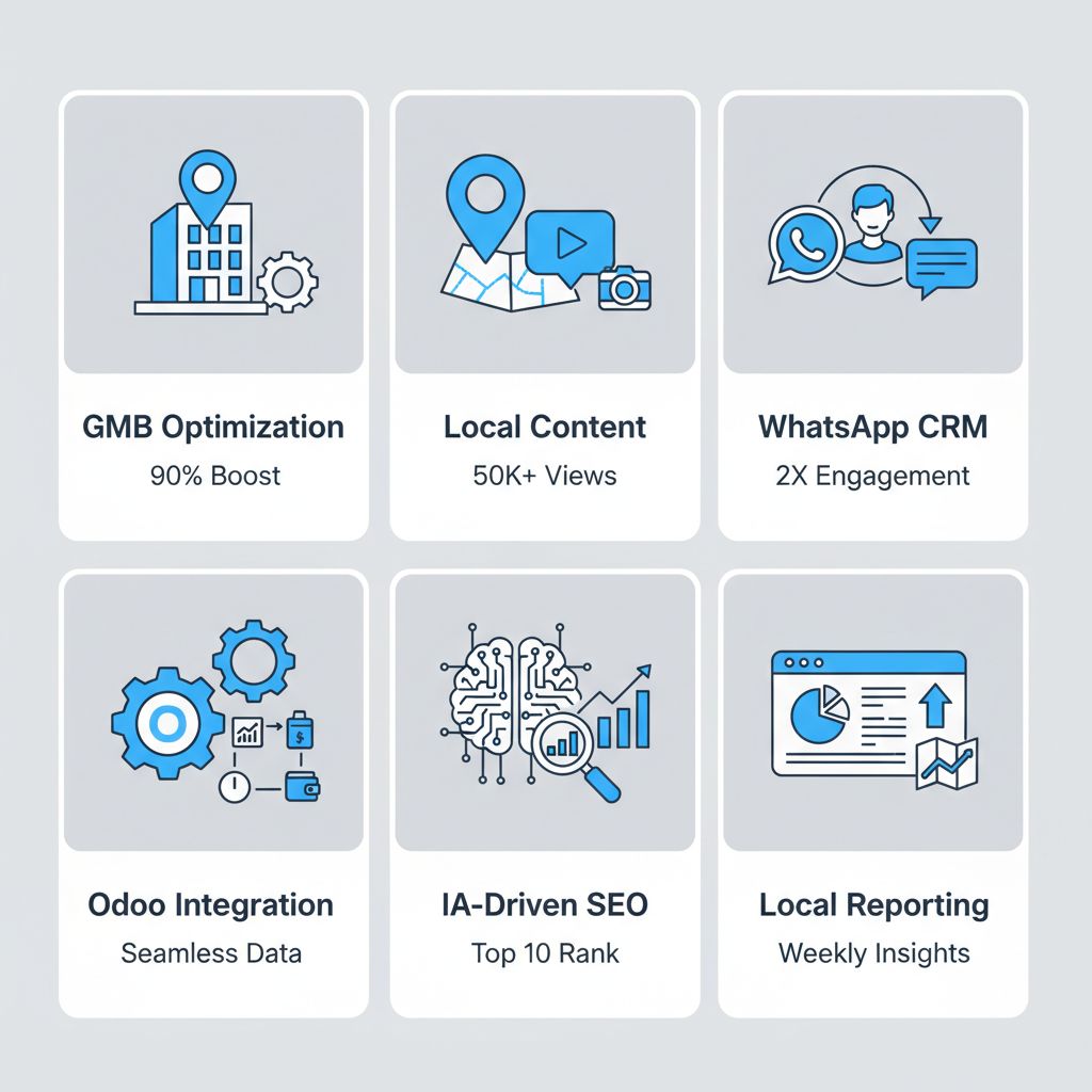 Icon set illustrating key Morna Tech services for Caracas businesses, including GMB optimization, AI-driven SEO, and Odoo integration, with placeholders for performance metrics.