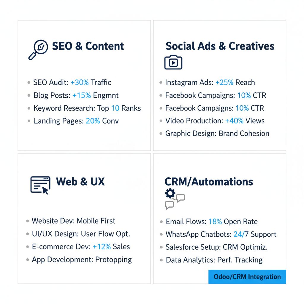 Infographic categorizing digital agency services like SEO, Social Ads, Web Development, and CRM integrations, with Odoo CRM integration callout.