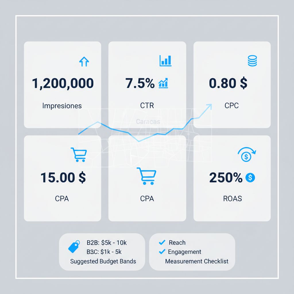 Infographic displaying key performance indicators and budget ranges for Instagram campaigns in Caracas, Venezuela, with icons for Impresiones, CTR, CPC, CPA, and ROAS. Includes recommended budget bands for B2B and B2C, along with a measurement checklist.