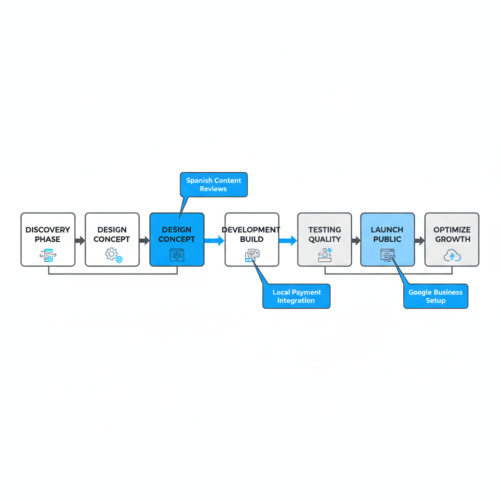 Process flow demonstrating Morna Tech's web development journey for Caracas businesses, highlighting discovery, design, development, testing, launch, and optimization stages with local checkpoints and AI integration.