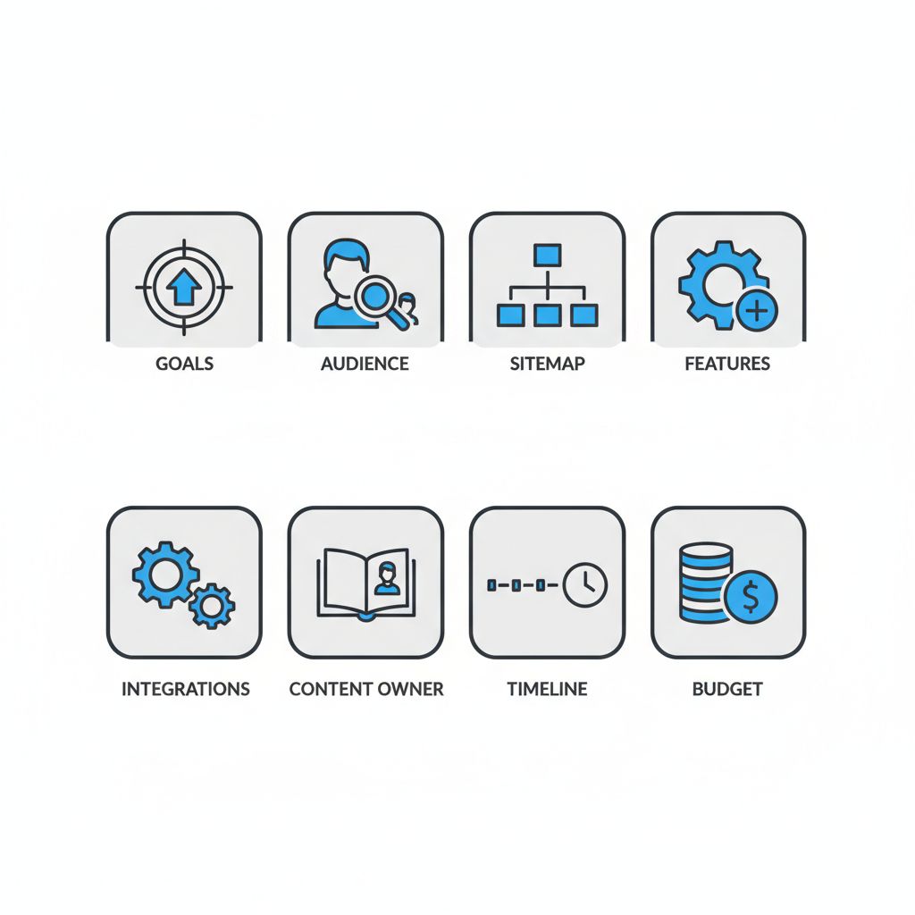 A set of 8 icons representing project brief elements like goals, audience, and budget, with a modern, technical illustration style.