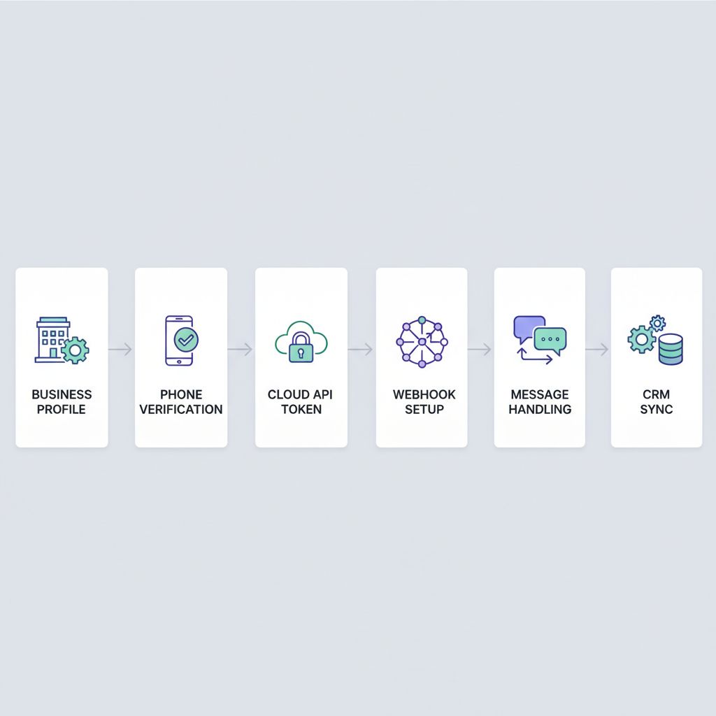 Process flow illustrating the secure connection steps from WhatsApp Business Profile to Odoo CRM synchronization for AI chatbots.