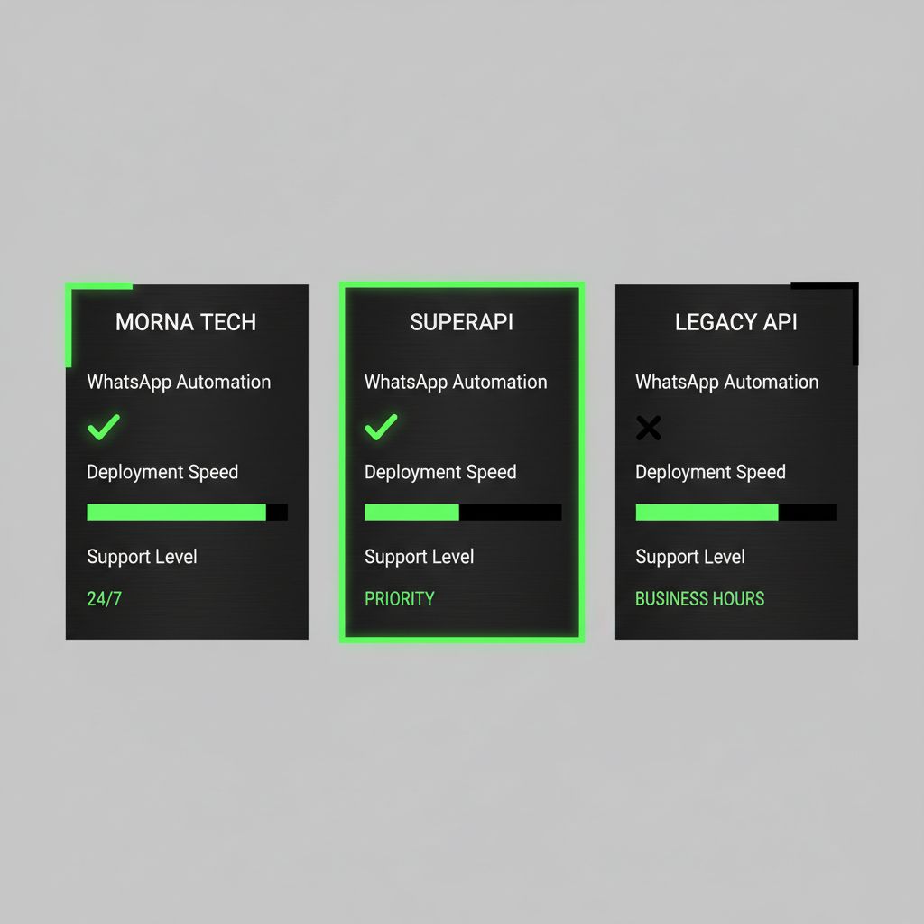 Infographic comparing Morna Tech's SuperAPI features: WhatsApp automation, deployment speed, and support levels, highlighting key differentials.