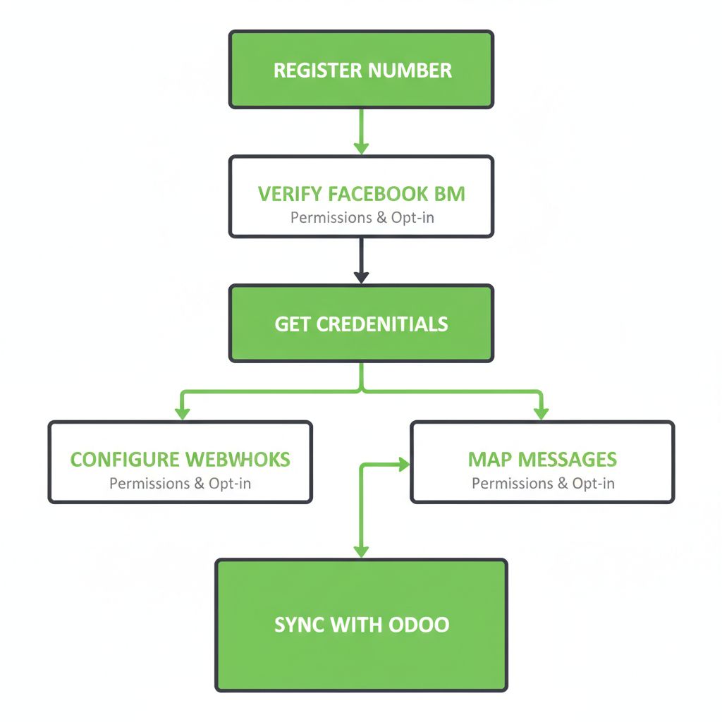 Vertical process flow showing steps to integrate WhatsApp Business API with a CRM, including registration, verification, credential setup, webhooks, message mapping, and Odoo synchronization.