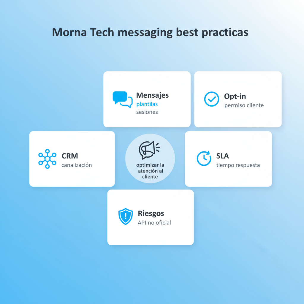 InfografÃa de mejores prÃĄcticas de mensajerÃa para atenciÃģn al cliente, incluyendo plantillas, opt-in y CRM, con iconografÃa