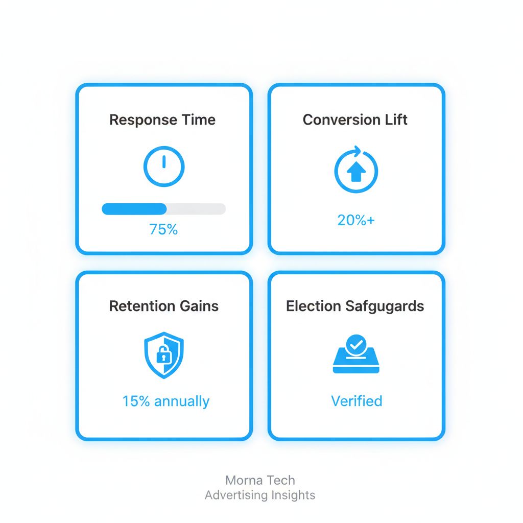 Infographic displaying Morna Tech's optimization metrics and compliance safeguards for business operations, featuring key KPIs and icons.