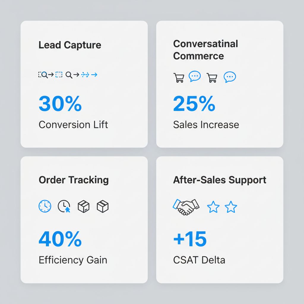 Infographic showing key WhatsApp AI use cases like lead capture and conversational commerce, with associated business benefits and metrics for Guyana and Latin America.