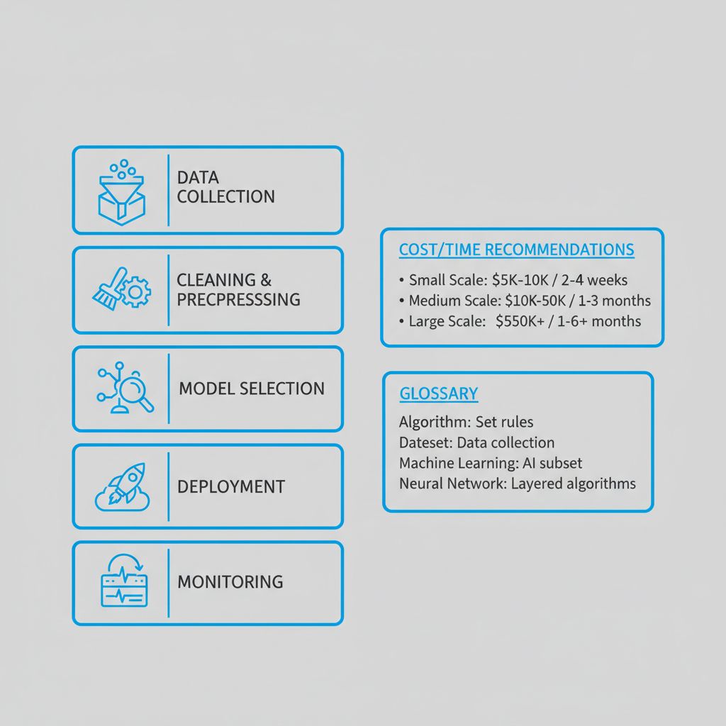Infographic showing the vertical process flow of AI implementation for Venezuelan businesses, from data collection to monitoring, with cost recommendations and a glossary.