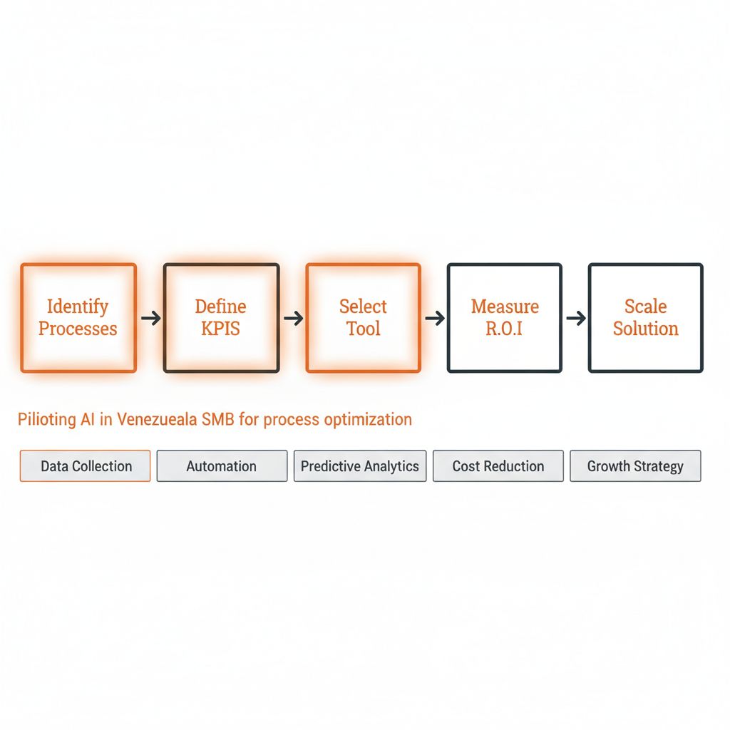 Diagrama de flujo horizontal que muestra los pasos para implementar un piloto de inteligencia artificial en una pequeÃąa o mediana empresa en Venezuela.